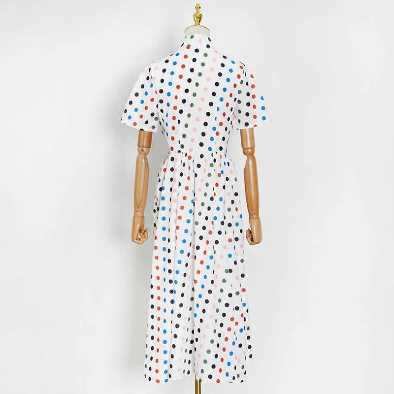 Vintage bunte Dot Sommerkleider für Frauen Bogen Silm Taille aushöhlen elegante Büro Dame Vestido feminino 210525