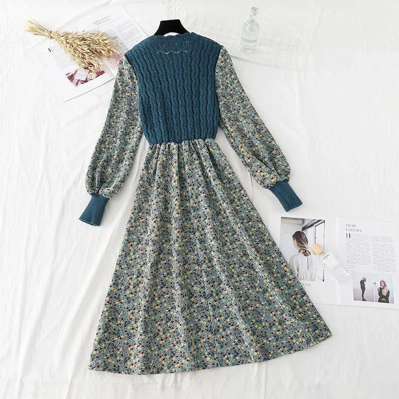 Vintage élégant robes mi-longues pour les femmes Patchwork tricoté Vestidos Slim Bandage Robe mode Floral velours côtelé Robe Y1006