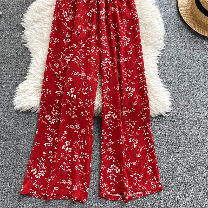 SINGREINY Frauen Französisch Blumen Strampler Süße Rüschen Slash Neck Kurzarm Gürtel Overalls Sommer Boho Druck Breite Bein Strampler 210419