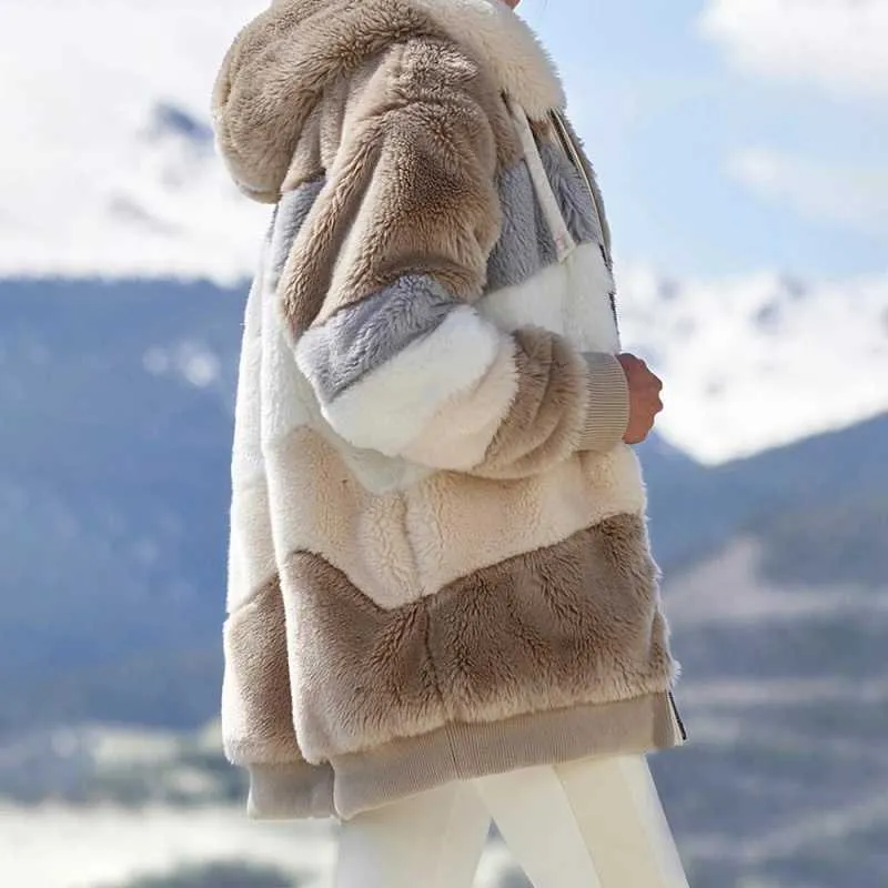 女性のジャケット暖かいぬいぐるみカジュアル緩いフード付きコート混合カラーパッチワーク冬のoutwear fauxの毛皮ジッパーレディースパーカー210809