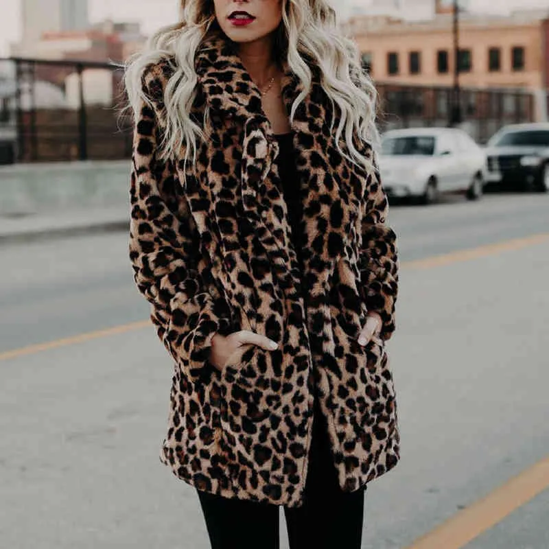 Moda abrigo de invierno abrigo de mujer de lujo de manga larga con cuello de solapa estampado de leopardo de lana grueso cálido Midi de talla grande 3XL 211220