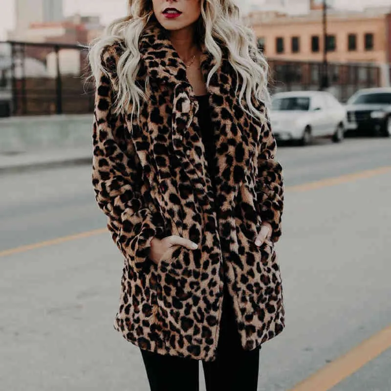 Mode Winter Mantel Frauen Mantel Luxus Langarm Revers Kragen Leopard Print Woolen Dicke Warme Midi Plus Größe 3XL 211220