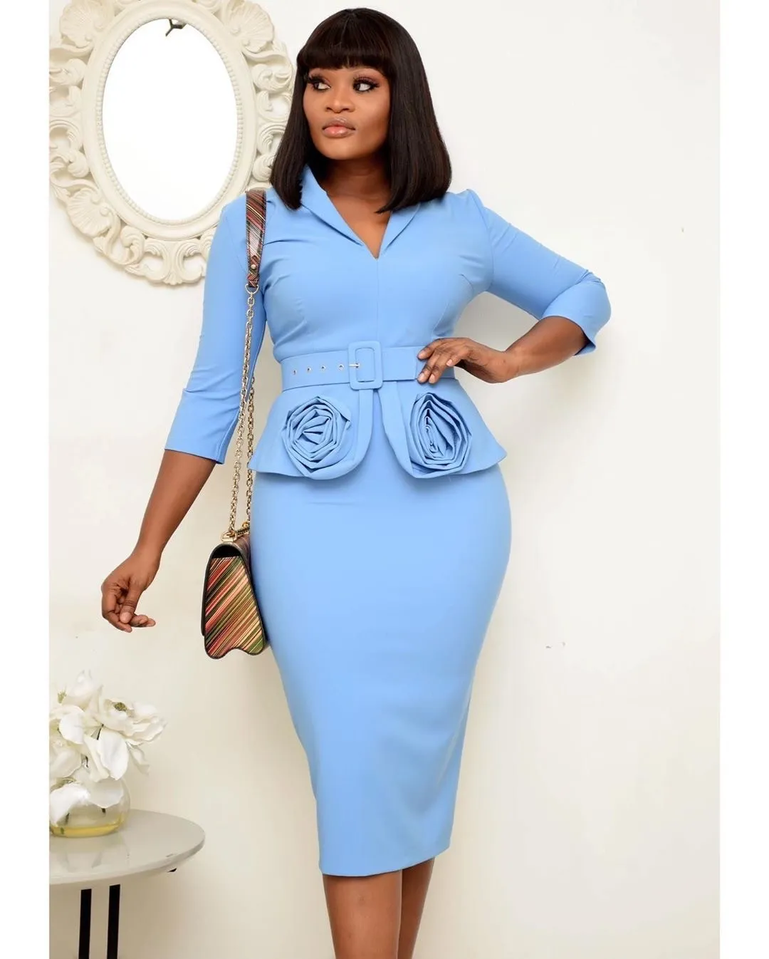 Women Dresses Office Ladies Peplum Elegant with Waist Belt V Neck Flower Knee Length Pink Blue Vestidos Classy Female Robes 210416