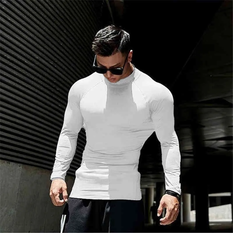 Correndo Camisa Homens de Compressão Tops Tees Manga Longa Hight Collar Sportswear Dry Elasticity Roupa Apertado Bodybuilding Gym Roupas 210421