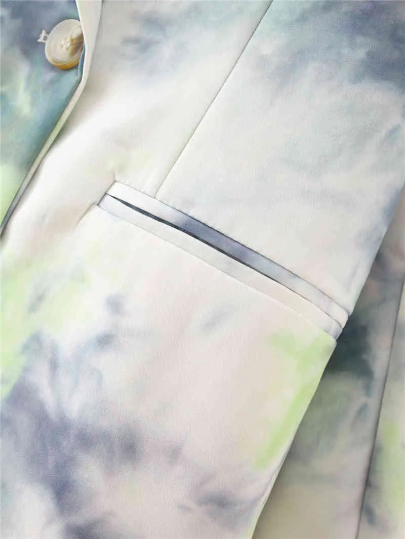 エレガントな女性の灰色のタイ色のブレザーオフィスレディースノッチプリントジャケットカジュアルな女性ボタンスーツシックな女の子ポケットセット210427