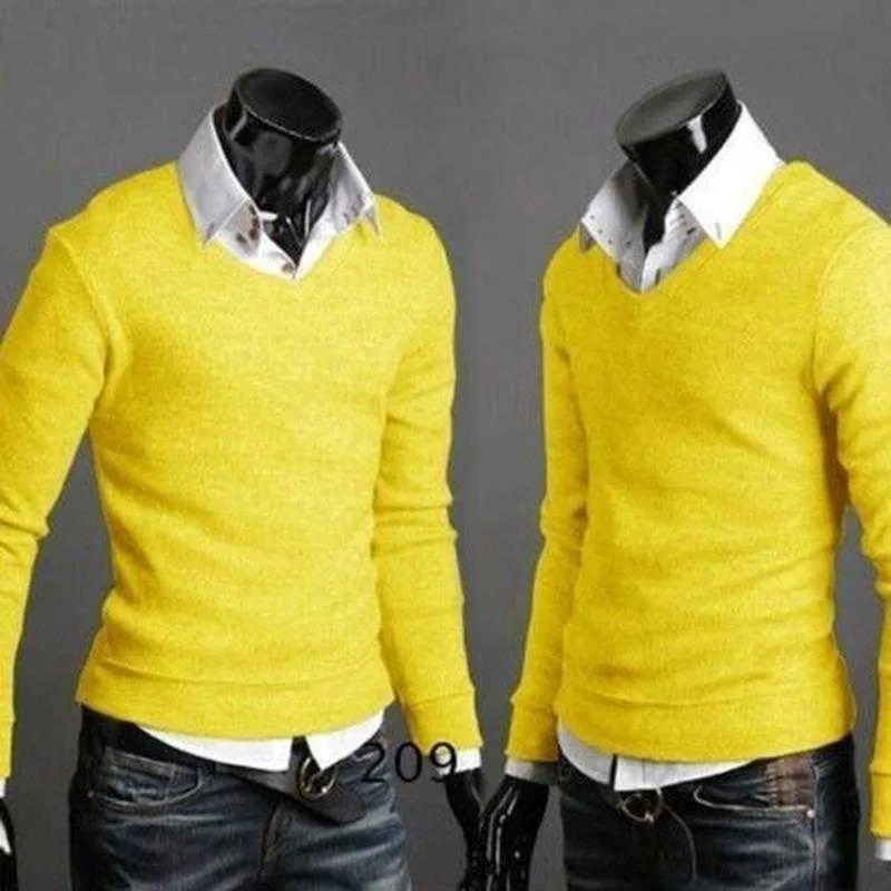 Hommes hiver solide col en V tricoté pull pull à manches longues haut tricots Y0907