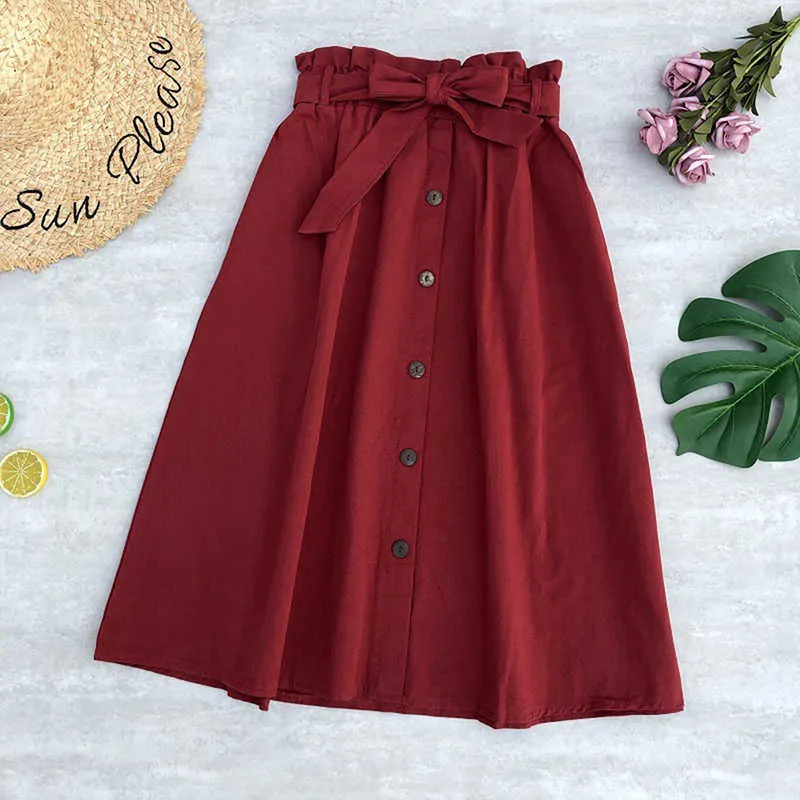 Herbst Elegante Röcke Frauen Elastische Taille Tasten Bogen Gestreckt Mit Tasche Weibliche Einfarbig 210629