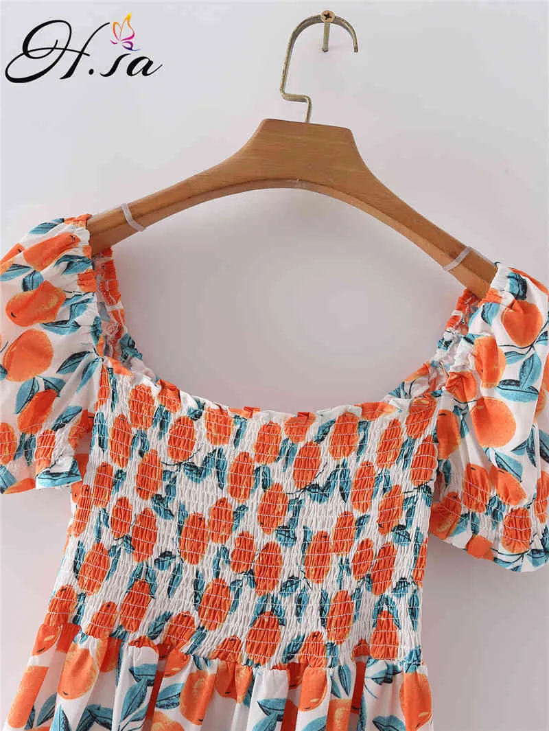 h.SA 여성 귀여운 드레스 슬래시 목 높은 허리 반소매 달콤한 과일 vestidos 캐주얼 해변 착용 여름 미니 드레스 210417