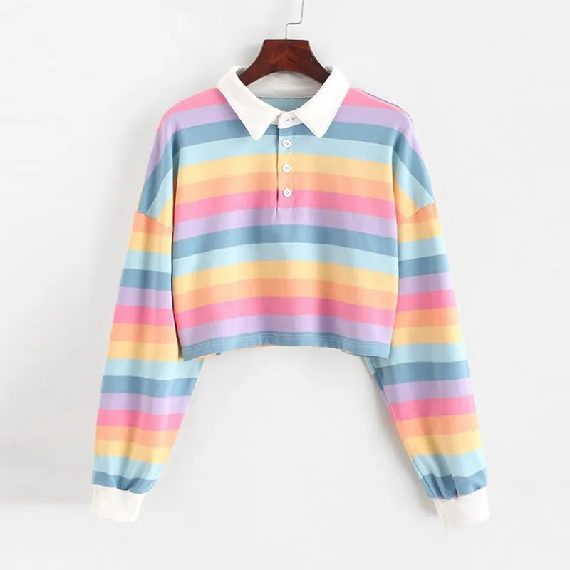 폴로 셔츠 여성 스웨터 긴 소매 레인보우 컬러 숙녀 후드가 버튼 줄무늬 한국어 스타일 스웨터