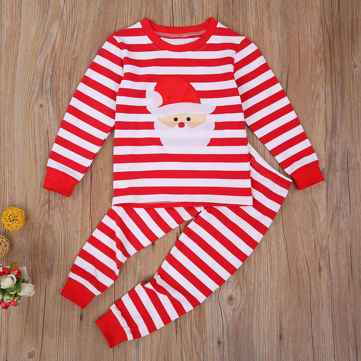 6m-5y Christmas Toddler Kid Baby Boy Girl Pajama Set Red Green Striped Cartoon Santa Outfits Xmas Kostymer 210515