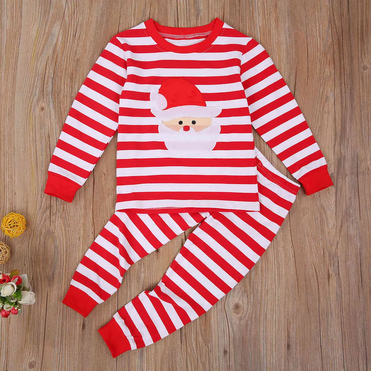 6m-5y criança criança criança bebê menino menina pijama conjuntos Vermelho Verde listrado desenhos animados Santa Outfits Xmas trajes 210515