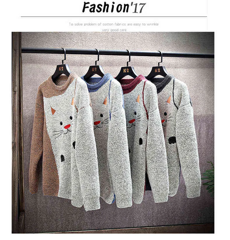 Automne hiver hommes pulls minces mignon chat motif broderie tricots hommes pull décontracté épais chaud pulls hommes vêtements 220108