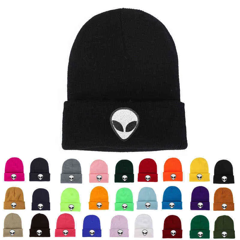 Warm Winter Embroidered Cuff Alien Hat for Women Men Knit Casual Beanie Autumn Solid Slouchy Hip Hop Funny Cute Black Lady Cap Y21111