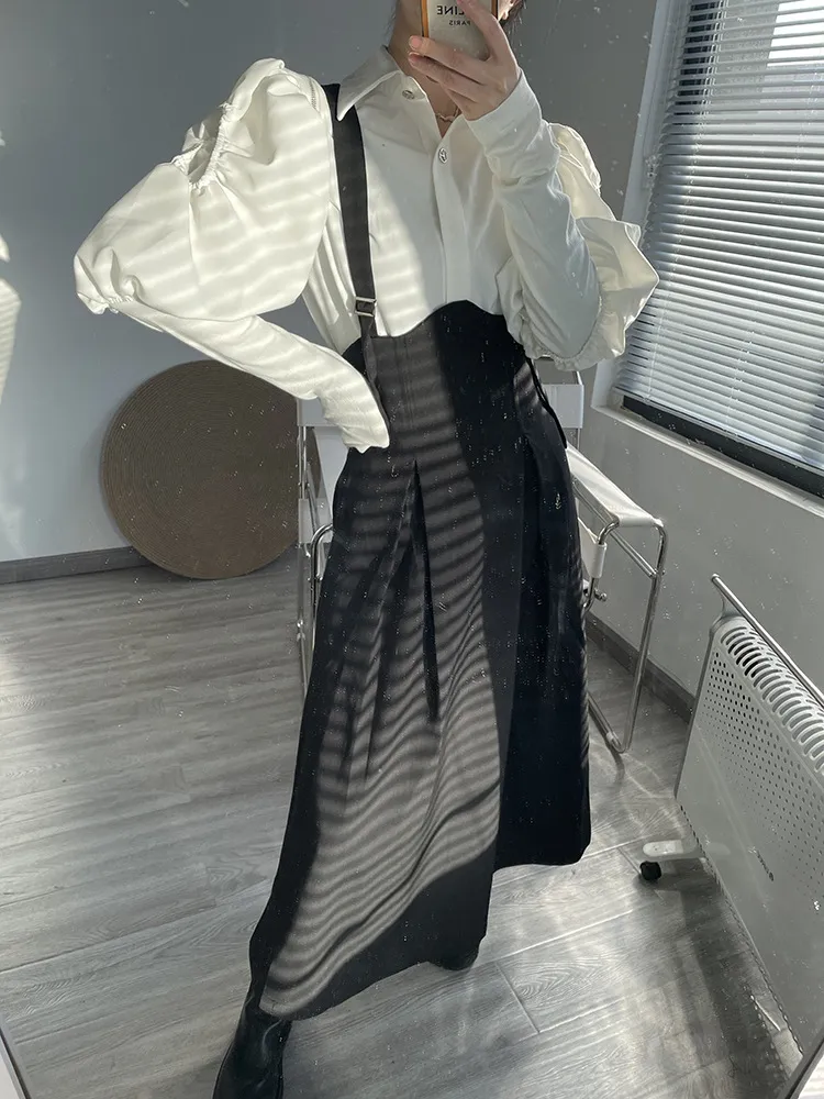 DEAT Set Spring Fashion Women Clothes Lantern Sleeves White Cotton Shirt Turn-down Collar Single Breasted And Black Skirt 210428