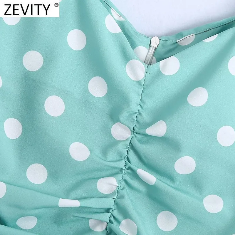 Women Sexy V Neck Polka Dots Print Pleated Green Mini Dress Female Chic Back Zipper Slim Party Vestido DS5049 210420
