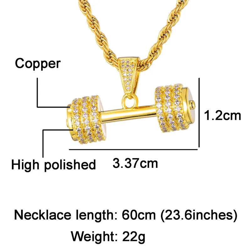 Hip Hop Bling Rhinestone Rope Chain Halsband Barbell Gym Fitness Dubbell Gold Color Hand Hängen för män smycken285a