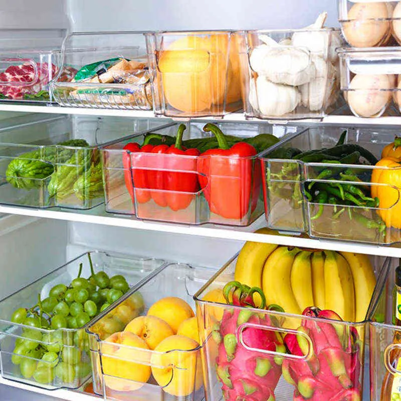 3 Sizes Refrigerator Organizer Plastic Transparent Stackable Drawer Food Storage Bins With Handles Kitchen Accessory 220118