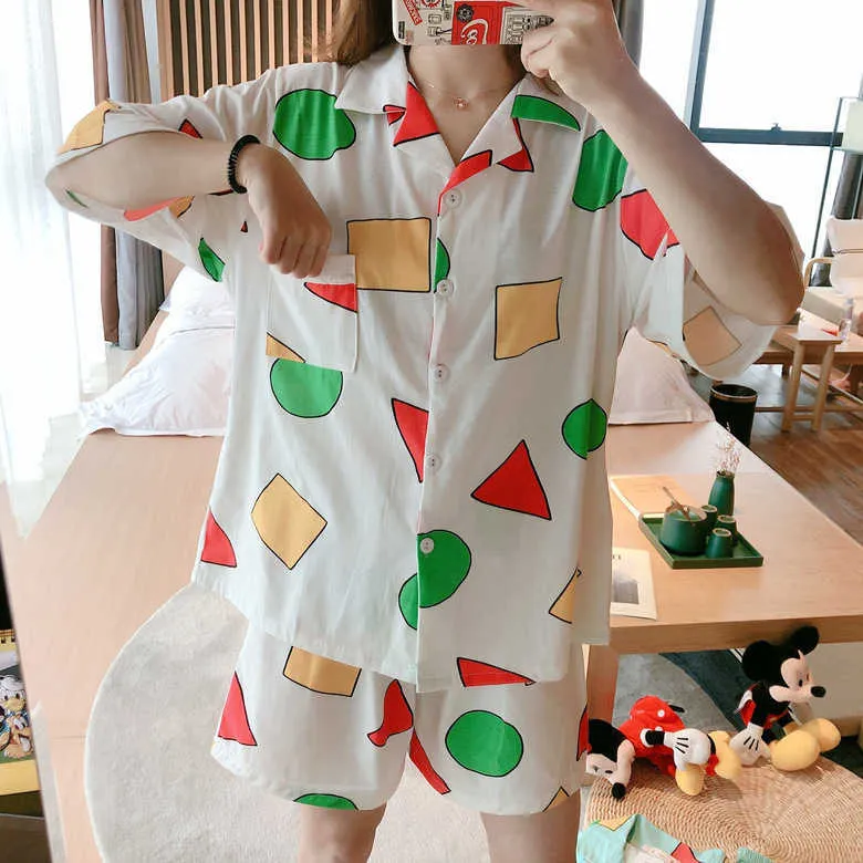 夏の半袖Sinchan Pajamasセット女性の綿の寝室ナイトウェアかわいいプリントホームウェアパジャマSinchan 210809