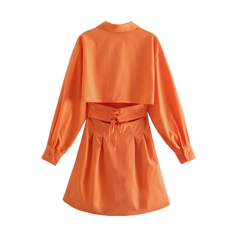 Casual Femme Orange Dos Nu Laçage Chemise Robes Printemps Fashihon Laides V Cou A-ligne Court Dames Mini 210515
