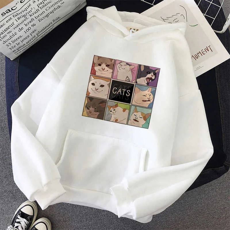 Koreanischer Stil niedlich geschnittenes Katzendruckmuster Harajuku-Stil lässige Mode Allgleiches Hoodie Damen Kawaii übergroßes Sweatshirt Damen Y0820