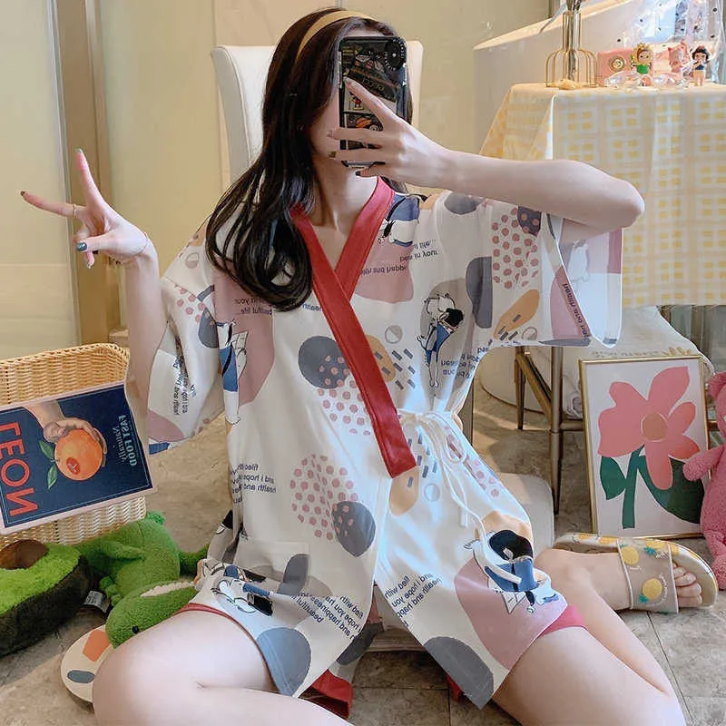 Kimono Pigiama Le Donne Cotone Accogliente Homewear Manica Corta Giappone Anime Mujer Rosa Pesca Harajuku Ragazze Indumenti Da Notte 210830