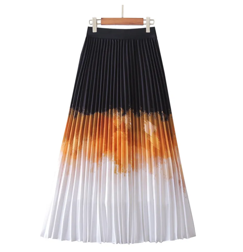 Qooth Gradient Color Pleated Chiffon Skirt Mid-length A-line Elastic Waist Skirt High Waist All Match Striped Causal Skirt QT728 210518