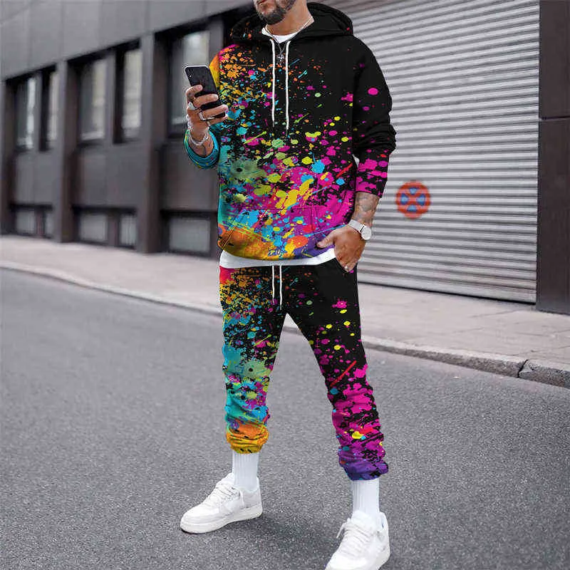 Autumn Winter Men's Set Warm Splash-Ink Print Casual Long Sleeve Oversize Hoodie Sweater Top+Sweatpant Tracksuit Outfit G1209