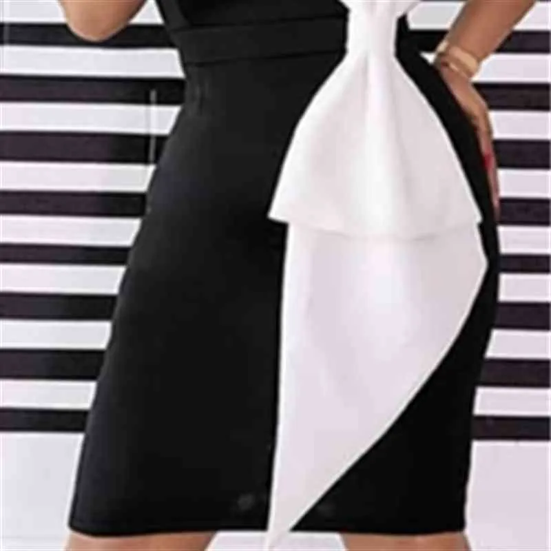 Kvinnor bodycon klänning svart vit contast färg stor bowtie lady party elegant middag kväll smal tunika femme paket höftrober 210416