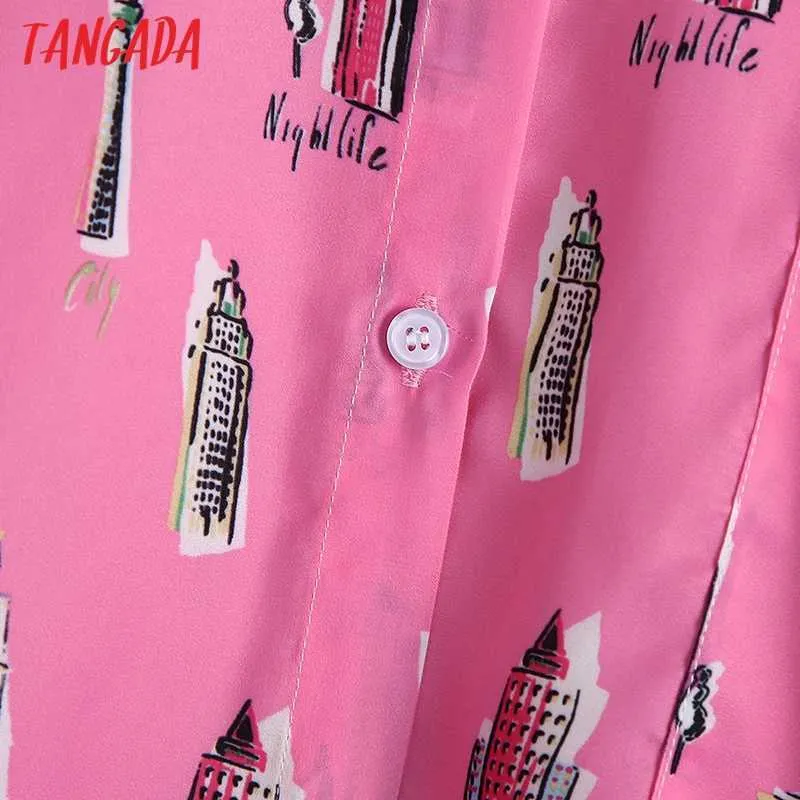 Tangada Frauen Mode Rosa Gedruckt Gemütliche Blusen Vintage Langarm Button-up Weibliche Shirts Blusas Chic Tops BE409 210609