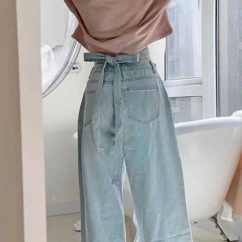 Koreanska versionen av den retro små midjan ljusblå jeans Kvinnors slips Höglöst Casual BF Wide-Ben Denim Trousers Women 210922