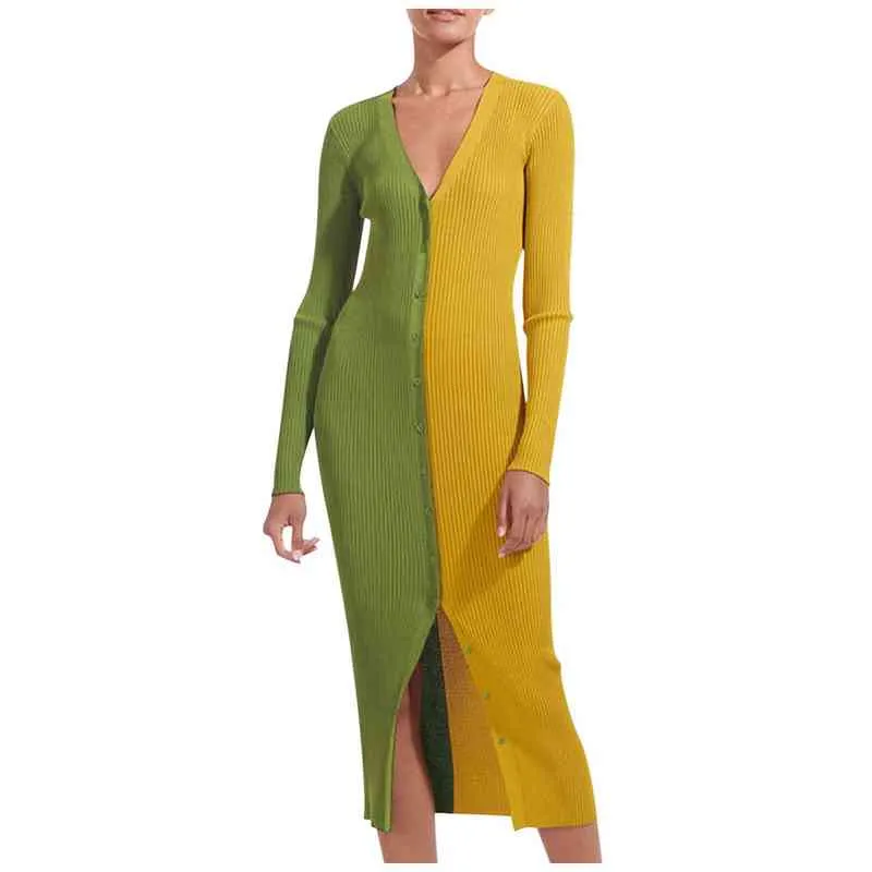 Womens Maxi Dress V Neck Temperament Color Matching Female Dress Button High Waist Long Dress Hem slit Dresses For Women Y1204