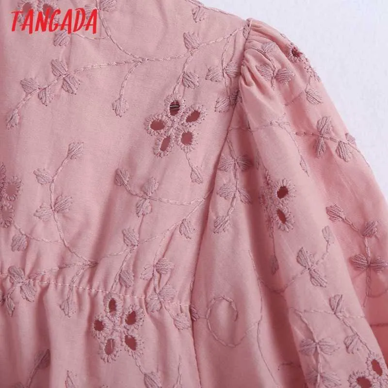 Tangada Frauen Sommer Rosa Aushöhlen Stickerei Geerntete Blusen Vintage Kurzarm Weibliche Tunika Shirts Chic Tops BE626 210609