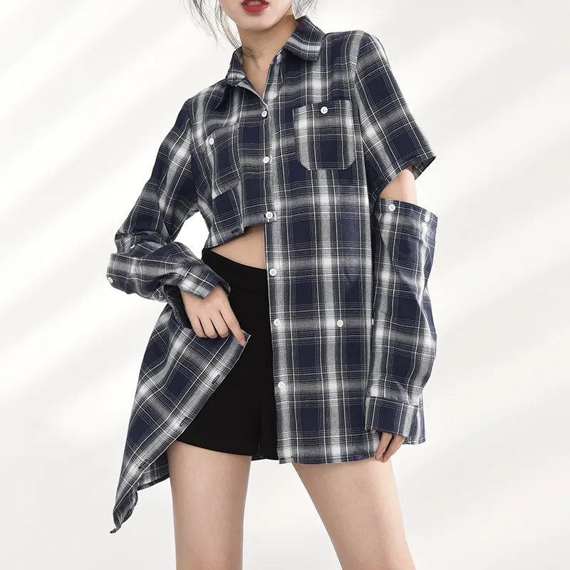 Mode Vintage Plaid manches détachables femmes Blouse coréenne lâche protection solaire manteau chic bouton irrégulier conception chemises 210519