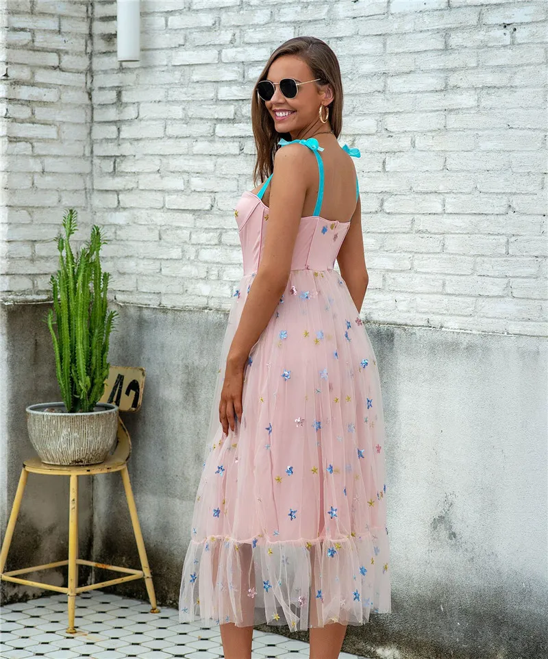 ISAROSE Blue Stars Paillettes Dress Summer Pink Mesh Dolce ricamato senza maniche Fashion Spaghetti Abiti Drop Shipping 210422