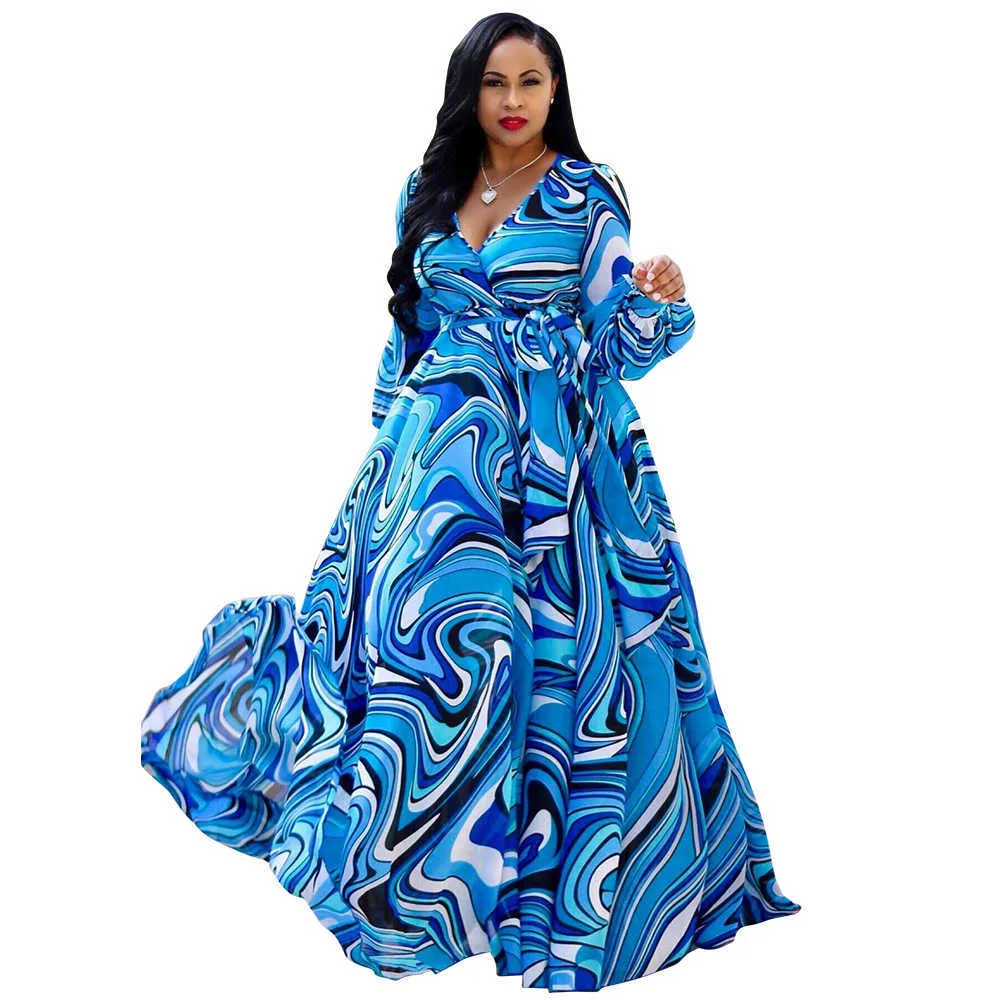 Grande taille été femmes longue Maxi robe col en v imprimé boîte de nuit fête plage Sexy élégant rue ceintures robes Vestidos GL8214 210706