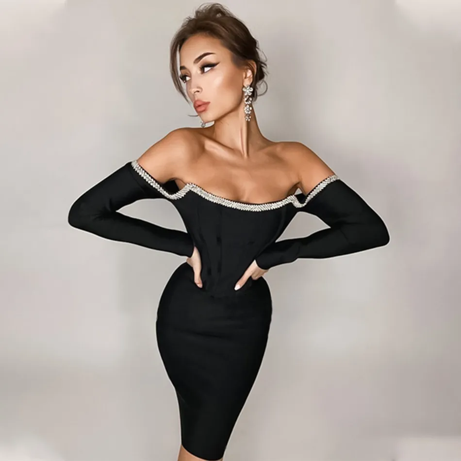 Femmes gratuites Sexy manches longues hors épaule diamants noir moulante robe de bandage élégante soirée club robes 210524