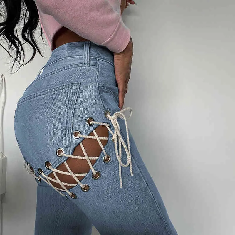 Y2K Side Cross Bandage Drawstring Hollow Out Straight Women's Jeans High Waist Denim Pants Sexy Elegant Ladies Europe Fashion 210517