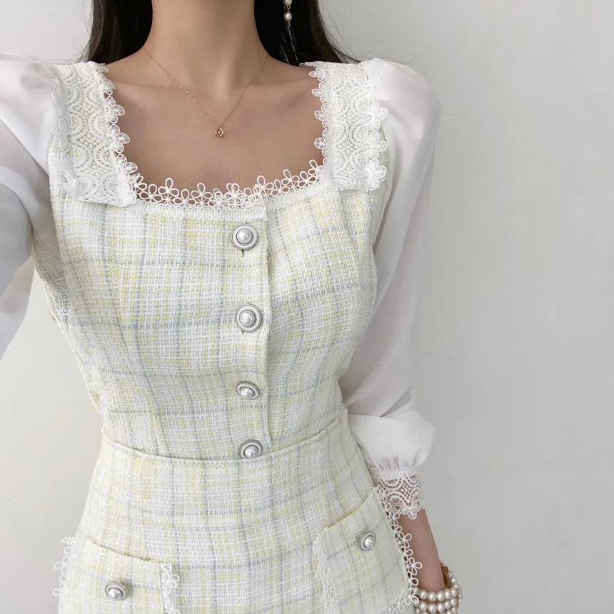 Corea primavera moda temperamento dulce gasa patchwork tweed elegante cuello cuadrado top + cintura alta mini falda traje 210518