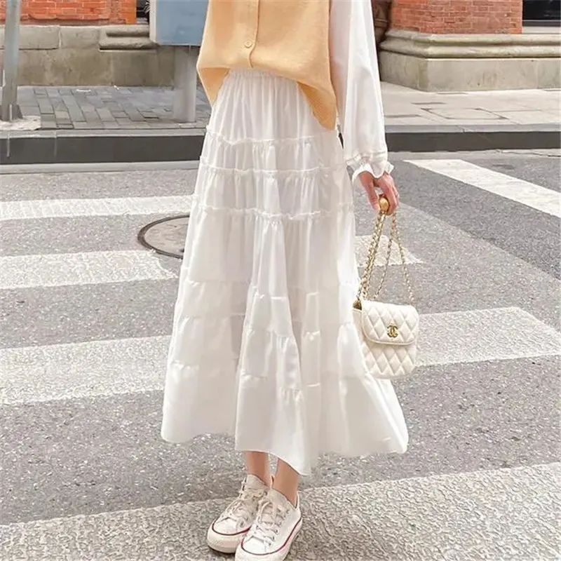 Jupe plissée taille haute blanche femmes été harajuku long volant mode coréenne noir Maxi vintage fille étudiant 210421
