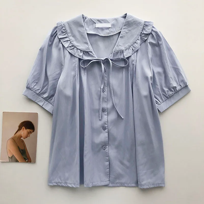 Kimutomo solid tröja tjej sommar koreanska båge spets upp peter pan krage kortärmad singel breasted blouse mode 210521