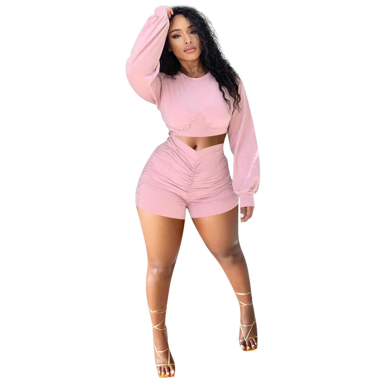 Women Pants Casual Outfits Solid Color Long Sleeve Crop Tops Pleated Shorts Tracksuits Jogger Suits Fashion Pullover Sportswear a001