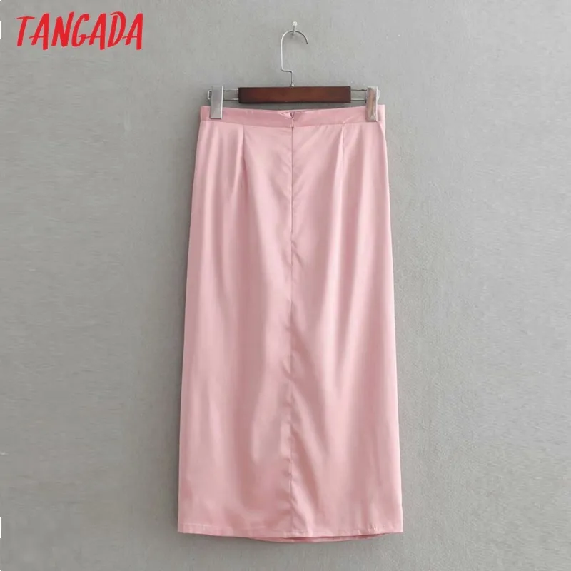 Gonna longuette in raso plissettato rosa da donna Faldas Mujer Vintage Zipper Office Ladies Elegant Chic Gonne a metà polpaccio 3D31 210416