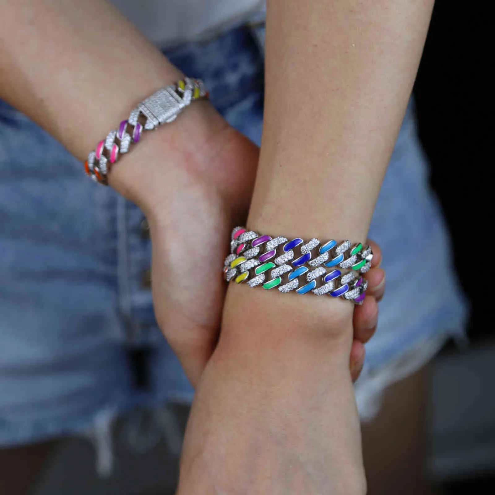 Summer selling colorful jewelry Neon rainbow enamel Ice out cz 11mm Miami cuban link chain women bracelet 211124