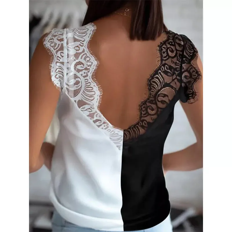 Women White Black Patchwork Lace Vest Tops Summer Sexy V Neck Backless Sleeveless Female Loose Blouses Tops Ropa De Mujer 210416