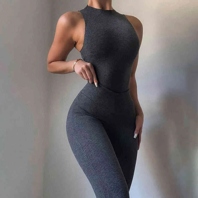 Iki Parçalı Set Seksi Kadın Kolsuz Bodysuit Suits Nervürlü Skinny Romper Legging Sweatpants Kıyafetler Yaz Eşofman Giysileri 210517