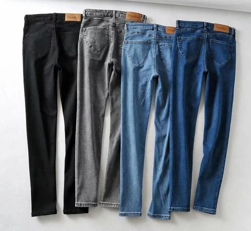 Vår vintage kvinnor hög midja smal passform sträcka denim byxor fickor full längd jeans täta byxor 210429