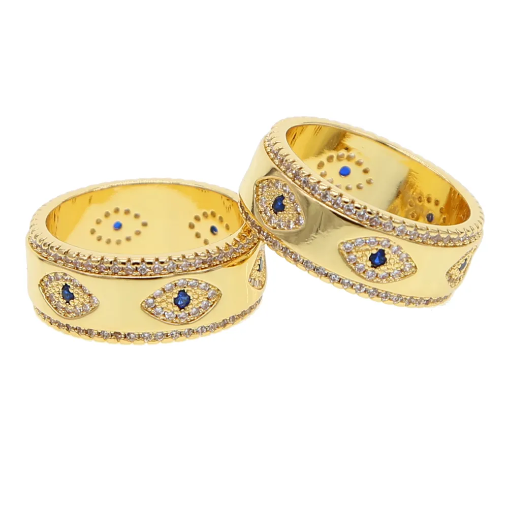 Gegraveerde CZ Evil Eye Gold Color Brede verlovingsband Ringen voor Lady Women Party Gift Finger Jewelry Classic Summer Lucky Ring2906230