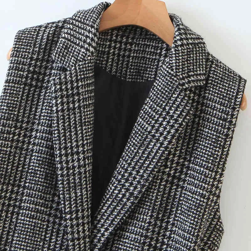 Höst Kvinnor Plaid Vest Jackor Coats Ärmlös Bältfickor Casual Waistcoat Kvinna Stickning Ytterkläder Kläder 210513