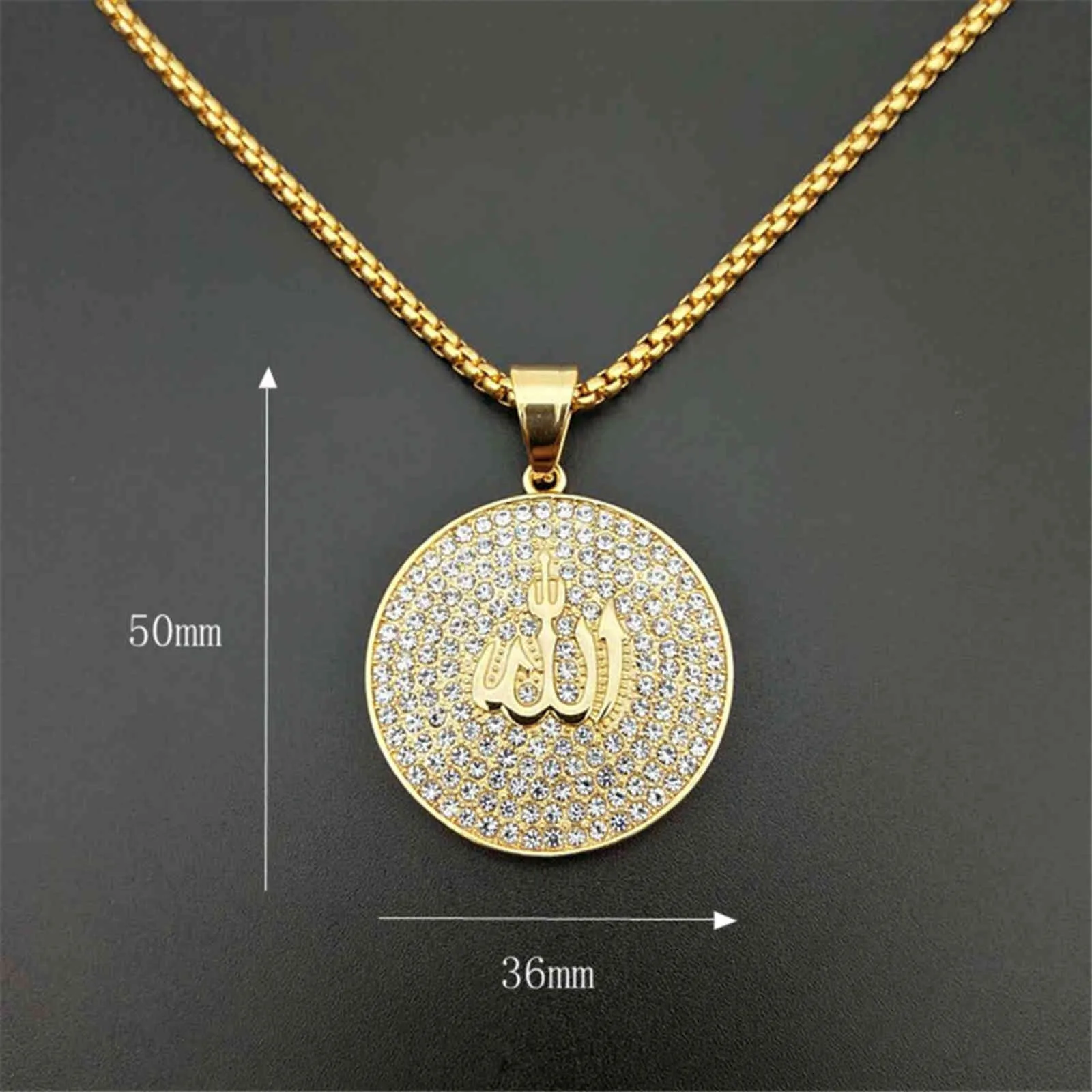 Hip Hop Glacé Rond Allah Pendentif Collier En Acier Inoxydable Islam Musulman Arabe Or Couleur Prière Bijoux Goutte