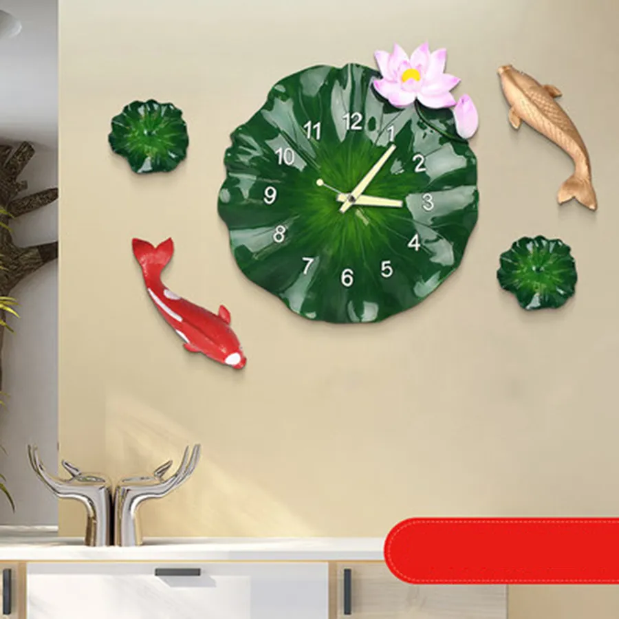 Large 3d Creative Art Green Lotus Modern Design Silent Pastoral Kitchen Clock Wanduhr Wall Clocks Home Decor 210414